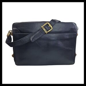 Vintage Perlina NY Black Leather Crossbody Organizer Bag Brass Hardware